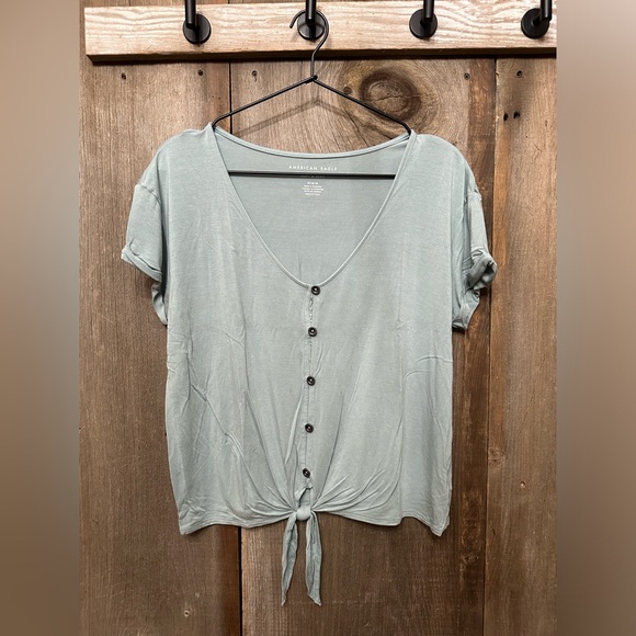 American Eagle Outfitters Tops - American Eagle Soft & Sexy Button Front Tie Knot T-Shirt in Washed Green Gray M